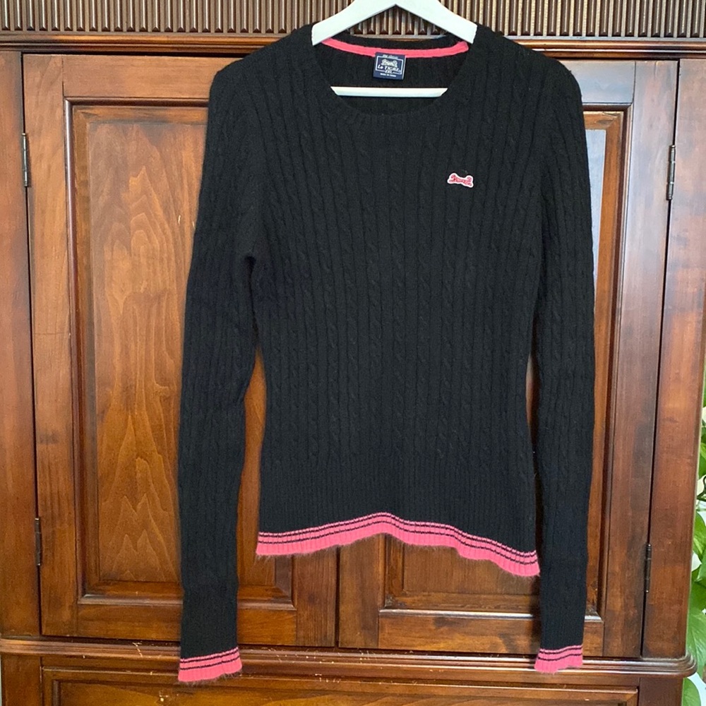 Le Tigre vintage cable crewneck pullover with sweet pink angora trim and tiger